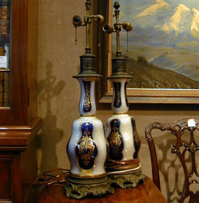 Lot 531 - Pair of Victorian Blue and White Porcelain Lamps