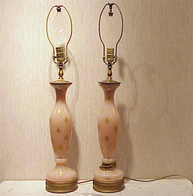 Lot 581 - Pair of Gilt-Decorated Glass Lamps