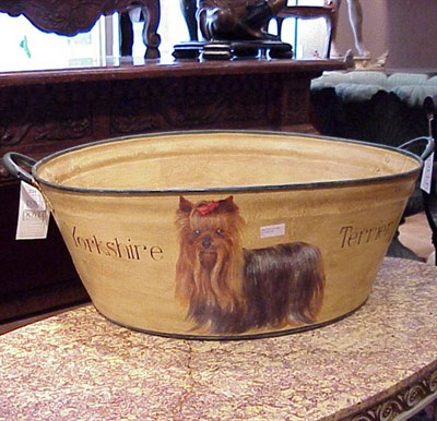 Lot 524 - Tole Painted Bucket with Dog Decoration