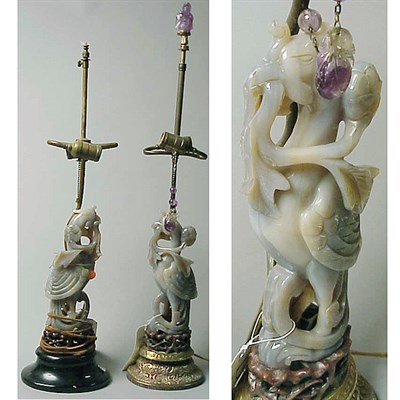 Lot 546 - Pair of Chinese Hardstone Lamps Each set with...