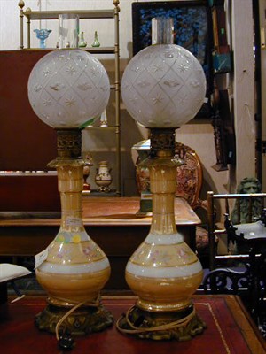 Lot 644 - Pair of Floral-Decorated Opaline Lamps