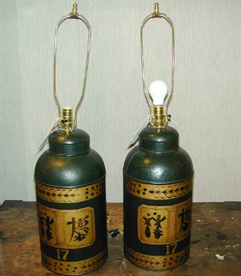Lot 755 - Pair of Tole Painted Canister Lamps