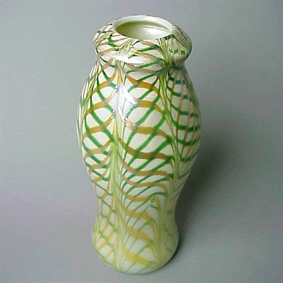 Lot 219 - Quezal Glass Vase Of shaped cylindrical form,...