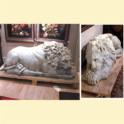 Lot 111 - Pair of Marble Recumbent Lions After Antonio...