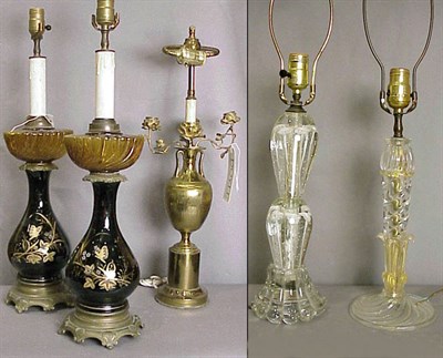 Lot 188 - Group of Five Porcelain, Brass and Glass Lamps