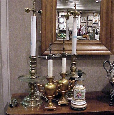 Lot 258 - Group of Five Brass, Wood and Porcelain Lamps