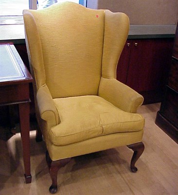 Lot 601 - Queen Anne Style Upholstered Mahogany Wing Chair