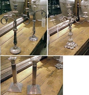 Lot 453 - Group of Five Silver Plated Candlesticks and...