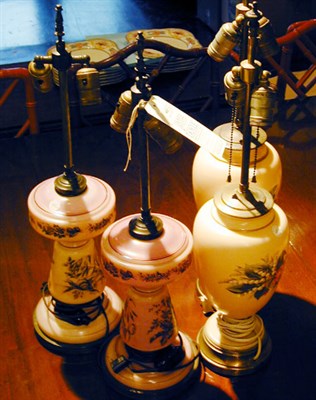 Lot 642 - Two Pairs of Painted Glass Lamps