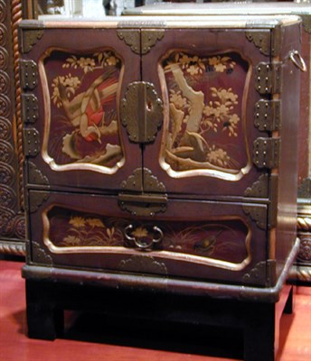 Lot 681 - Chinese Brass Bound Lacquered Miniature Cabinet