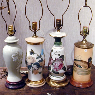 Lot 719 - Group of Four Glass Porcelain and Wood Lamps