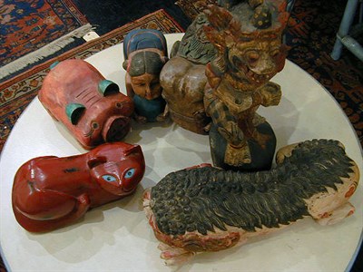 Lot 796 - Group of Five Painted Wood Carvings