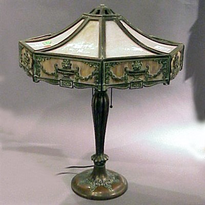 Lot 247 - Victorian White Metal and Leaded Glass Lamp