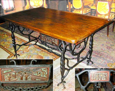 Lot 236 - Art Deco Walnut and Wrought Iron Table Raised...