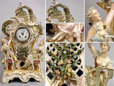 Lot 357 - Sitzendorf Porcelain Clock The dial surrounded...