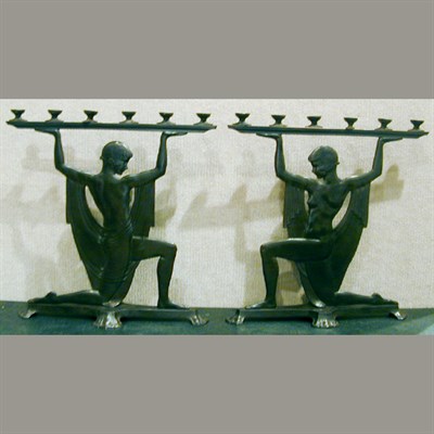 Lot 277 - Pair of Art Deco Bronze Six-Light Candelabra...