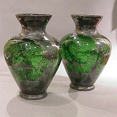 Lot 253 - Pair of Silver Overlaid Green Glass Vases