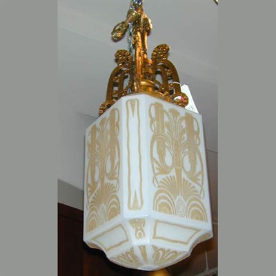 Lot 461 - Art Deco Gilt-Metal and Milk Glass Hanging...