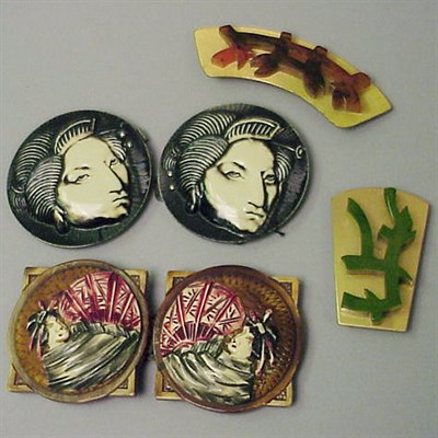 Lot 350 - Two Celluloid Two-Piece Belt Buckles Each in...