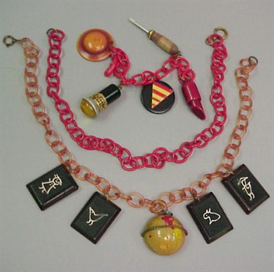 Lot 351 - Two Bakelite, Celluloid and Wood Necklaces One...