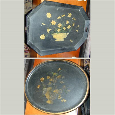 Lot 394 - Two Tole Peinte Trays Each painted black with...