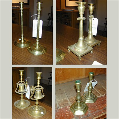 Lot 274 - Four Pairs of Brass Candlesticks Including one...