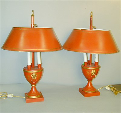 Lot 505 - Pair of Regency Style Tole Painted Urn-Form Lamps