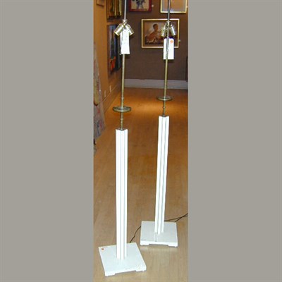 Lot 218 - Pair of Painted Wood and Brass Floor Lamps...