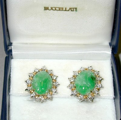 Lot 240 - Pair of Carved Jade and Diamond Earclips 18 kt....