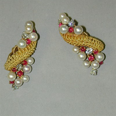 Lot 316 - Pair of Cultured Pearl, Ruby and Diamond...
