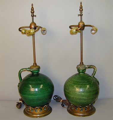 Lot 470 - Pair of Glazed Pottery Jugs Each mounted as a...
