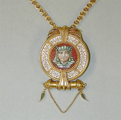 Lot 357 - Micromosaic Pin/Pendant and Chain 14 kt....
