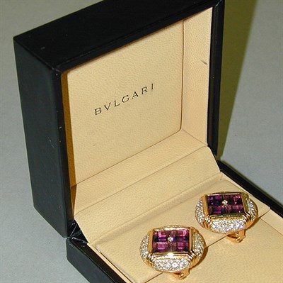 Lot 384 - Pair of Amethyst and Diamond Earrings 18 kt....