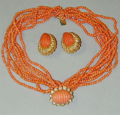 Lot 379 - Coral and Diamond Bracelet and Pair of Coral...