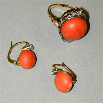 Lot 244 - Coral Ring and Pair of Earrings The 14 kt....