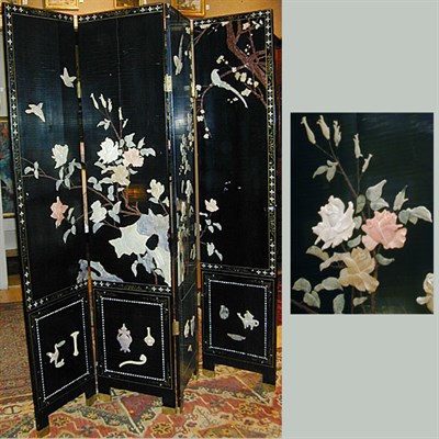 Lot 252 - Black Lacquered Hardstone Decorated Four-Panel...
