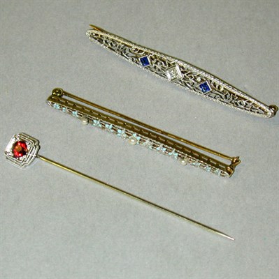 Lot 83 - Two Gold Bar Pins 14 kt. yellow and white gold,...