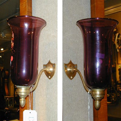 Lot 526 - Pair of Amethyst Glass and Brass Single-Light...