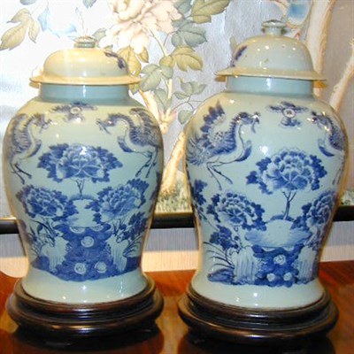 Lot 242 - Pair of Chinese Blue and White Celadon Covered...
