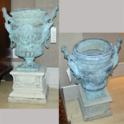 Lot 542 - Pair of Egytian Revival Patinated-Metal Urns...