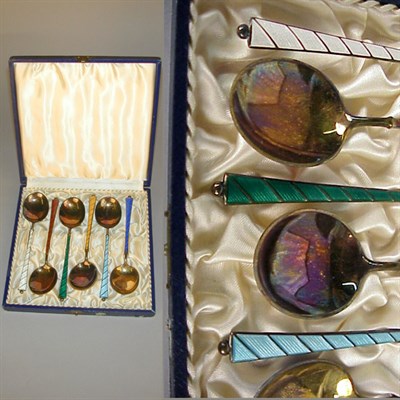 Lot 839 - Set of Six Danish Enameled Sterling Silver Spoons