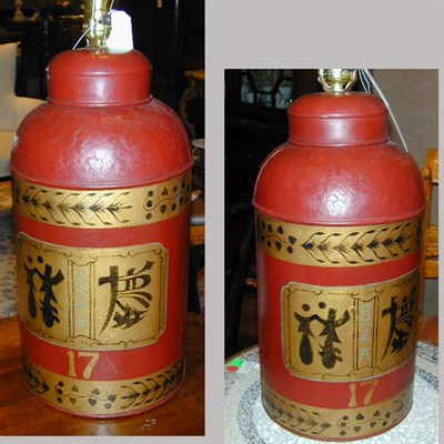 Lot 355 - Pair of Tole Painted Canister Lamps