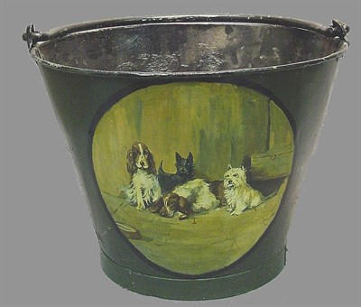 Lot 16 - Tole Painted Bucket Decorated with dogs.