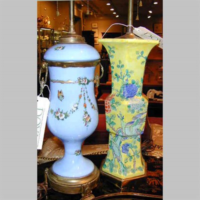 Lot 122 - Opaline Glass Lamp Together with a Porcelain Lamp