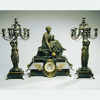 Lot 486 - Napoleon III Bronze and Marble Clock Garniture...