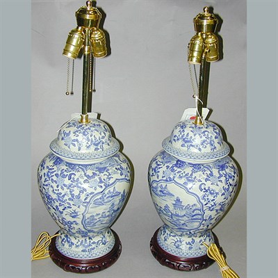 Lot 436 - Pair of Blue and White Porcelain Ginger Jar Lamps