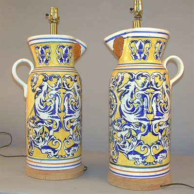 Lot 338 - Pair of Italian Faience Jugs Each mounted as a...