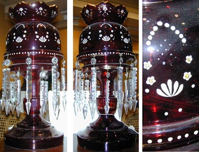 Lot 231 - Pair of Bohemian Enamel Decorated Glass Lustres