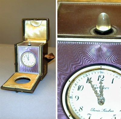 Lot 366 - Cartier Enameled Silver Repeating Clock With...