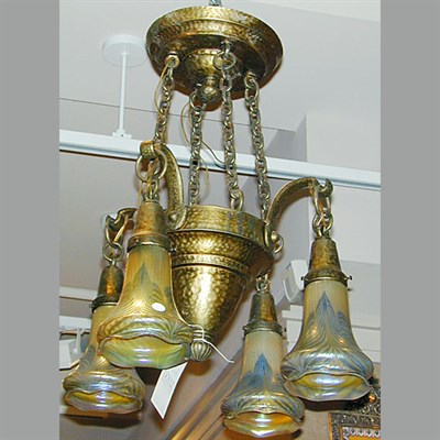 Lot 132 - Art Nouveau Gilt-Metal and Quezal Glass...
